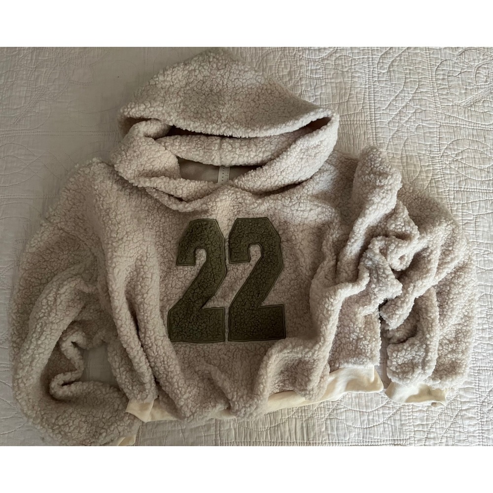 Missguided Womens Cream Borg Fleece Cropped Hoodie 22 Varsity Patch Size L